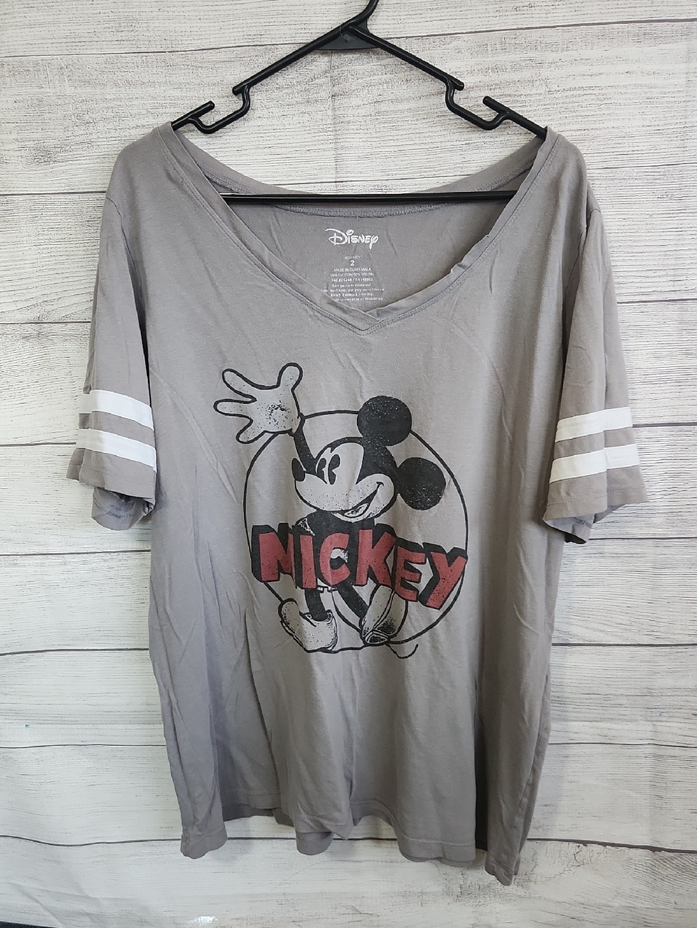 Disney Gray Mickey Graphic Short Sleeve Tee with White Sleeve Stripes